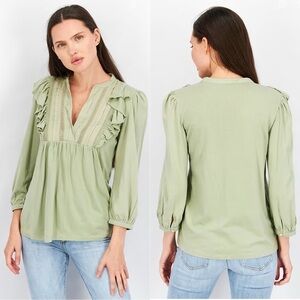 Lauren Ralph Lauren Sage Green Ruffled Bib Neck Top Size: M